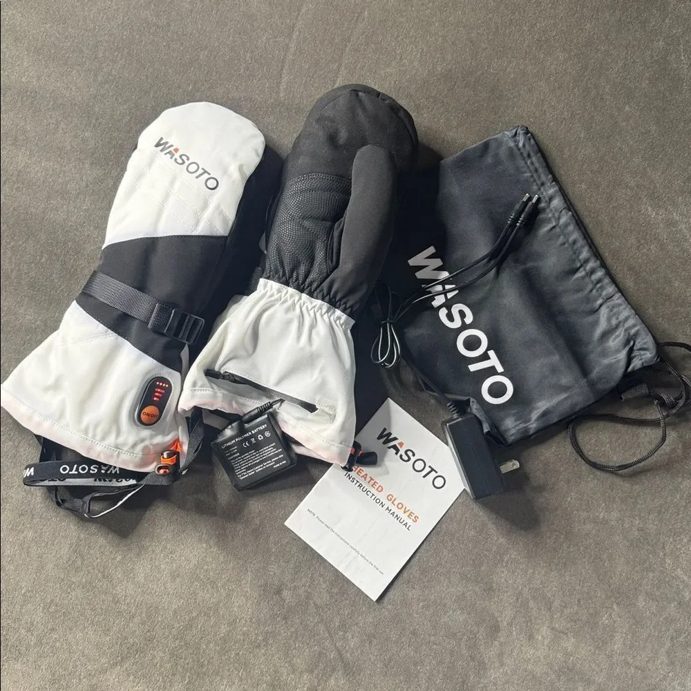 Wasoto Unisex Heated Mittens White & Black Touchscreen Thumb Size S